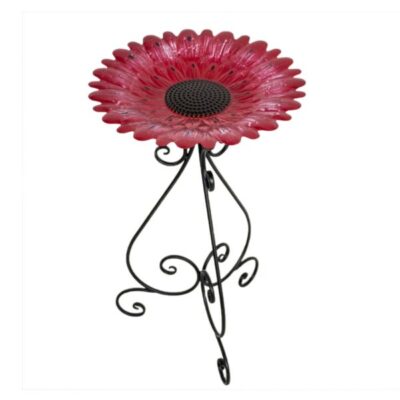 Colorful Red Flower 24 Inch Metal Bird Bath Garden Plant