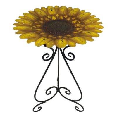 Colorful Yellow Flower 24 Inch Metal Bird Bath Garden Plant