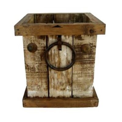 Distressed Wood Short Square Brown Planter With Liner Garden Plant