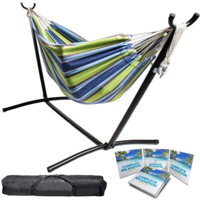 Portable Two Person Green and Blue Pattern Outdoor Hammock With Stand Garden Plant