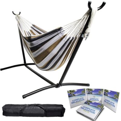 Portable Two Person Grey Tan and White Pattern Outdoor Hammock With Stand Garden Plant