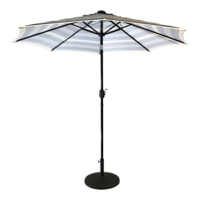 Sun-Ray 9 Feet Round Navy Striped Solar Lighted Umbrella Garden Plant