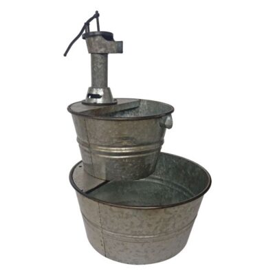 Two-Tier Galvanized Metal Barrel Fountain With Pump Garden Plant