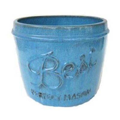 Vintage Pottery Blue 11 Inch Low Mason Jar Garden Plant