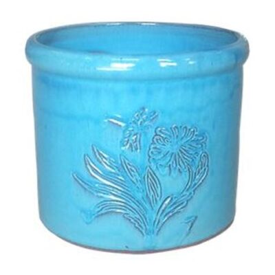 Vintage Pottery Glazed Blue 10 Inch Heirloom Dragonfly Crock Planter Garden Plant