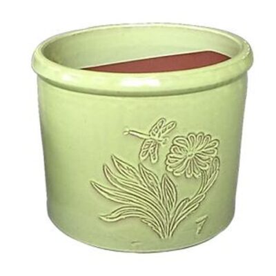 Vintage Pottery Glazed Green 10 Inch Heirloom Dragonfly Crock Planter Garden Plant