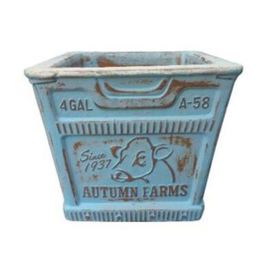 Vintage Pottery Rustic Blue 13 Inch Artisan Dairy Milk Crate Planter Garden Plant