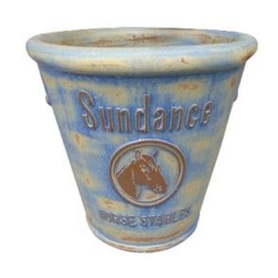 Vintage Pottery Rustic Blue Cream 11 Inch Sundance Horse Water Pail Garden Plant