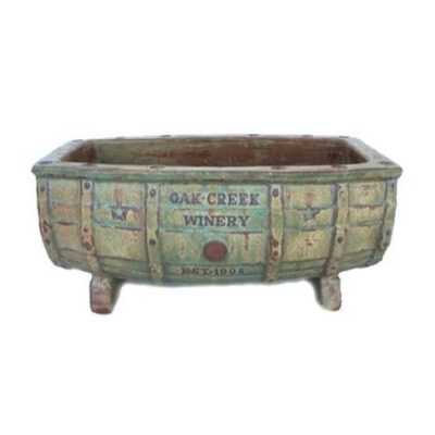 Vintage Pottery Rustic Green Cream 11 Inch Half Wine Barrel Planter Garden Plant