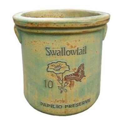Vintage Pottery Rustic Green Cream 11 Inch Heirloom Swallowtail Crock Planter Garden Plant