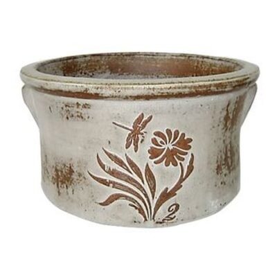 Vintage Pottery Rustic White 10 Inch Dragonfly Crock Planter Garden Plant