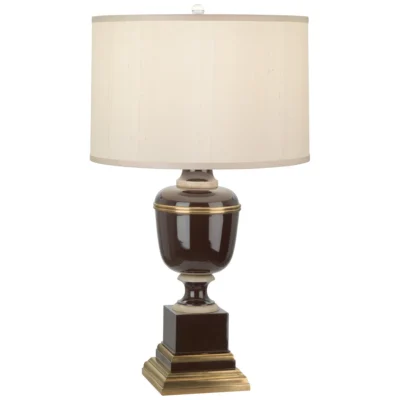 Annika Table Lamp in Chocolate Lacquered Paint w Natural Brass and Fabric Hardback Shade design by Robert Abbey