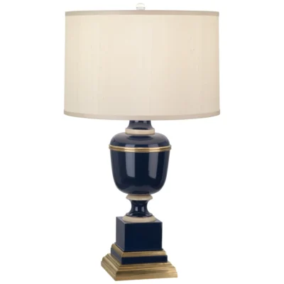 Annika Table Lamp in Cobalt Lacquered Paint w Natural Brass and Fabric Hardback Shade design by Robert Abbey