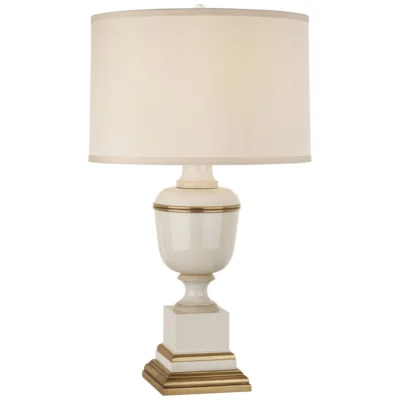 Annika Table Lamp in Ivory Lacquered Paint w Natural Brass and Fabric Hardback Shade design by Robert Abbey