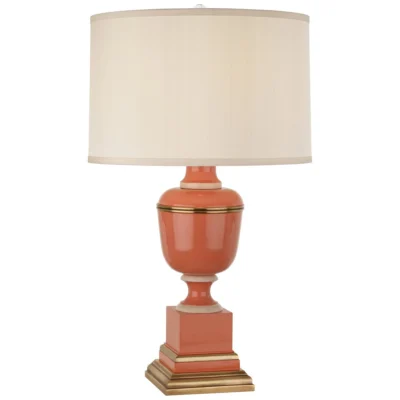 Annika Table Lamp in Tangerine Lacquered Paint w Natural Brass and Fabric Hardback Shade design by Robert Abbey