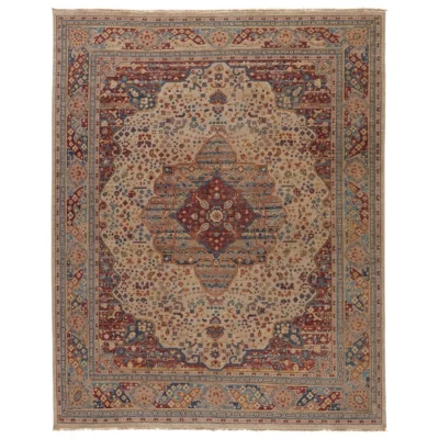 Celestial Hand Knotted Medallion Beige and Red Area Rug