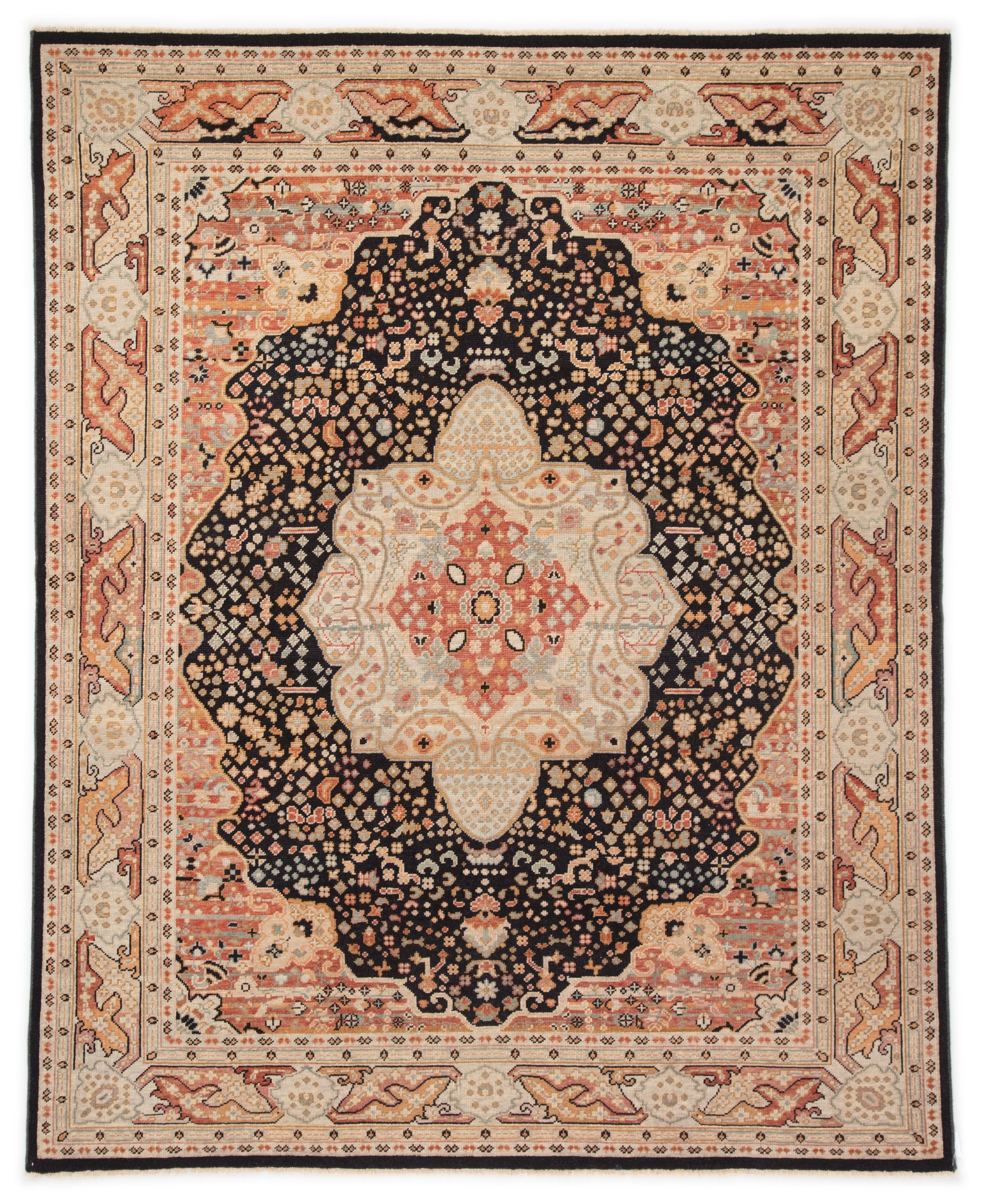 Celestial Hand Knotted Medallion Black and Pink Area Rug