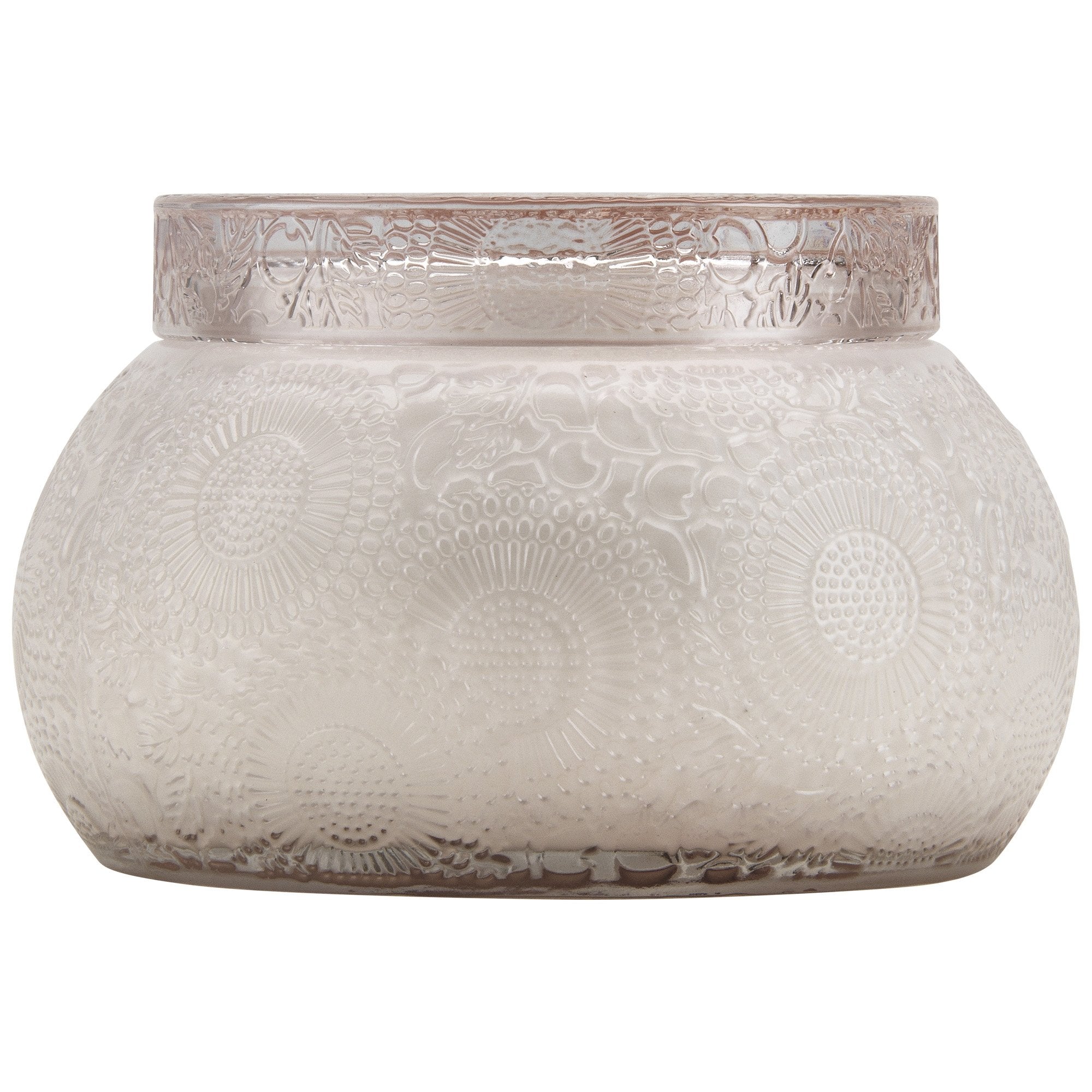 Chawan Bowl 2 Wick Embossed Glass Candle in Panjore Lychee design by Voluspa