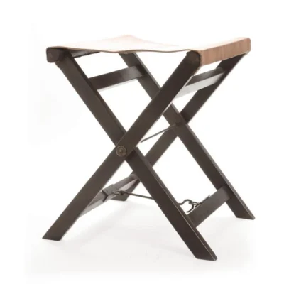 Folding Leather and Wood Camp Stool by BD Edition