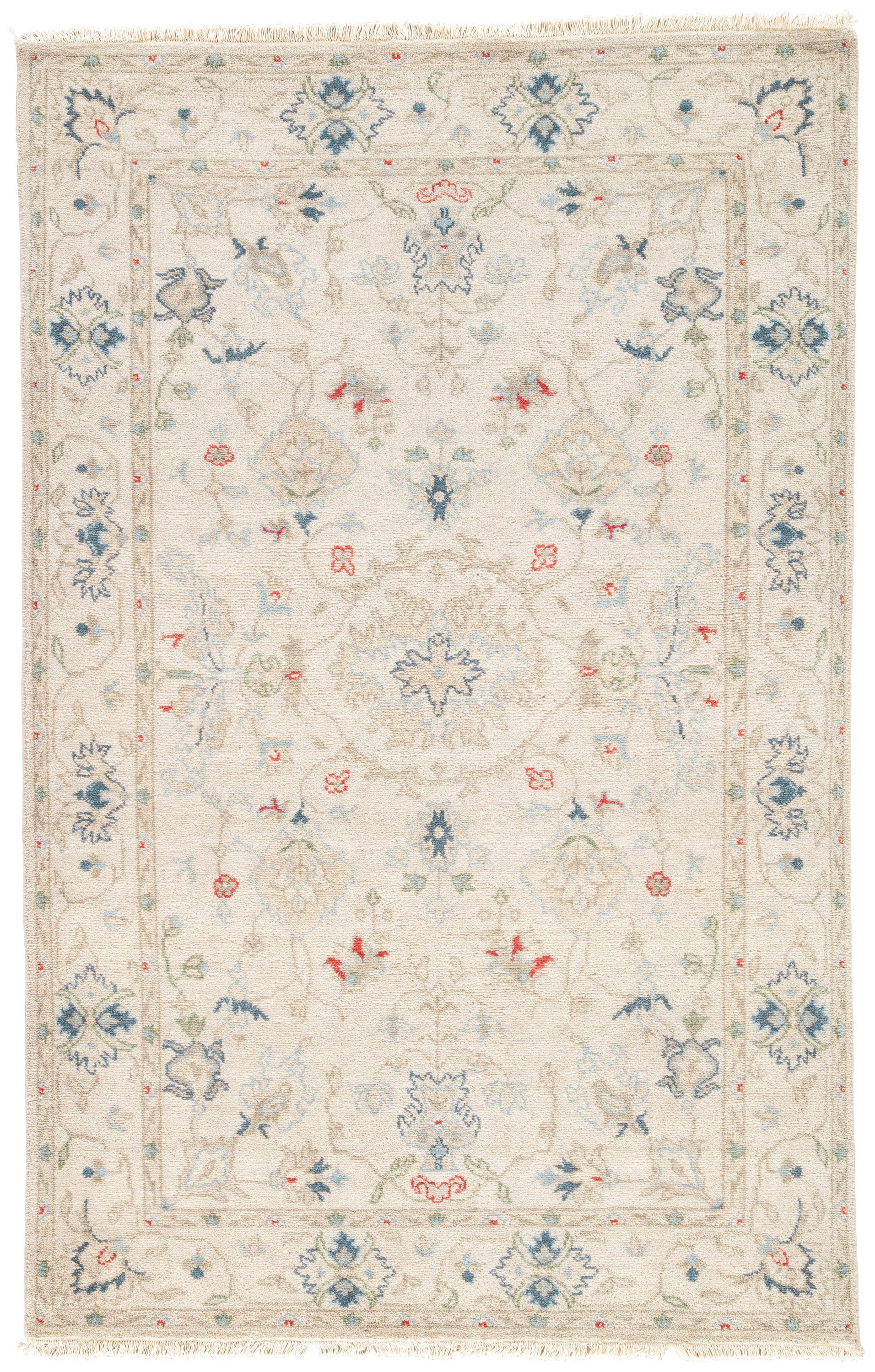 Hacci Hand Knotted Floral Cream and Blue Area Rug