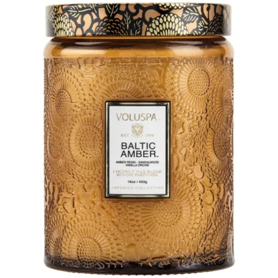 Large Embossed Glass Jar Candle in Baltic Amber design by Voluspa