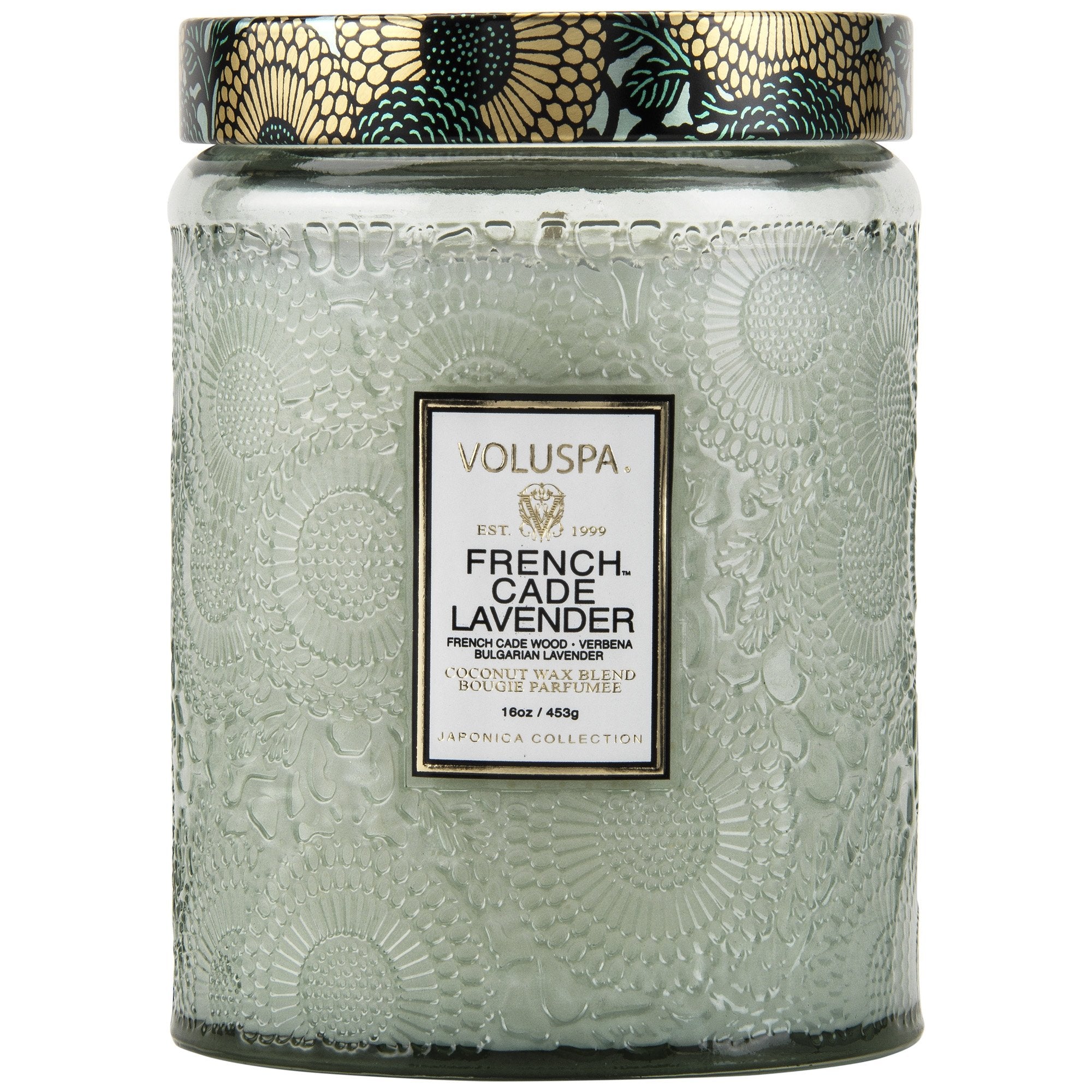 Large Embossed Glass Jar Candle in French Cade Lavender design by Voluspa