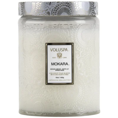 Large Embossed Glass Jar Candle in Mokara design by Voluspa