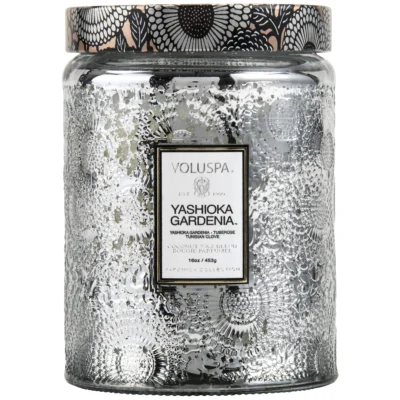 Large Embossed Glass Jar Candle in Yashioka Gardenia design by Voluspa